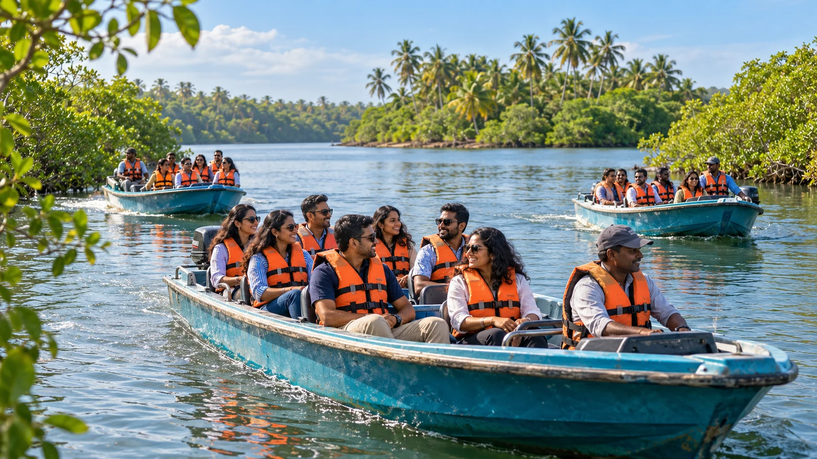 AI-generated illustration of a group river outing in three small boats with guests wearing life jackets