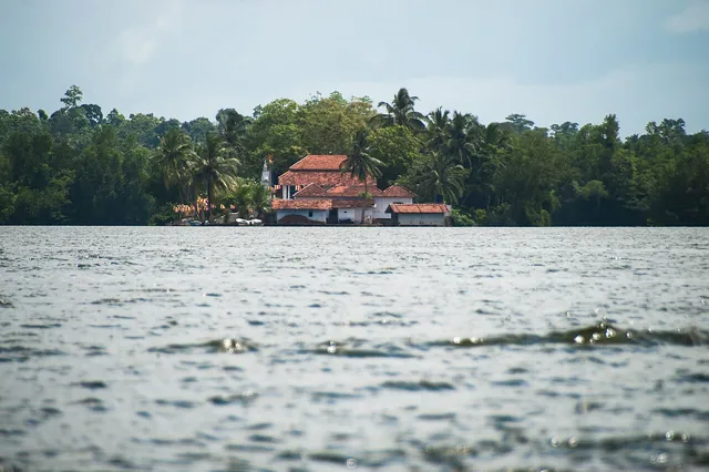 The red roofs and white walls of Kothduwa Temple appear across Madu Ganga beneath dense green trees.