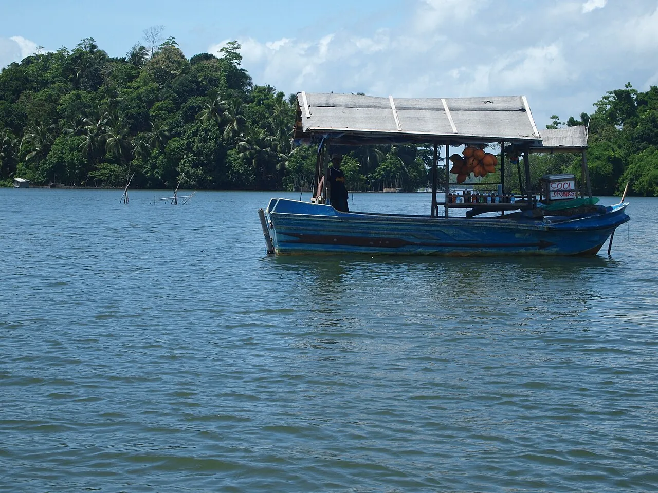 A small blue floating shop with a pitched roof sits on Madu Ganga with a wooded bank behind it.
